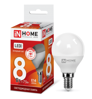 Лампа светодиодная LED-ШАР-VC 8Вт 230В Е14 6500К 760Лм IN HOME Лампа светодиодная LED-ШАР-VC 8Вт 230В Е14 6500К 760Лм IN HOME