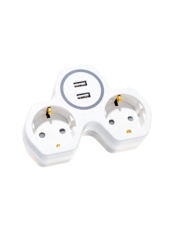 Двойник электрический 16 А с заземлением и защитными шторками + 2 USB порта, 2,4 А, белый REXANT